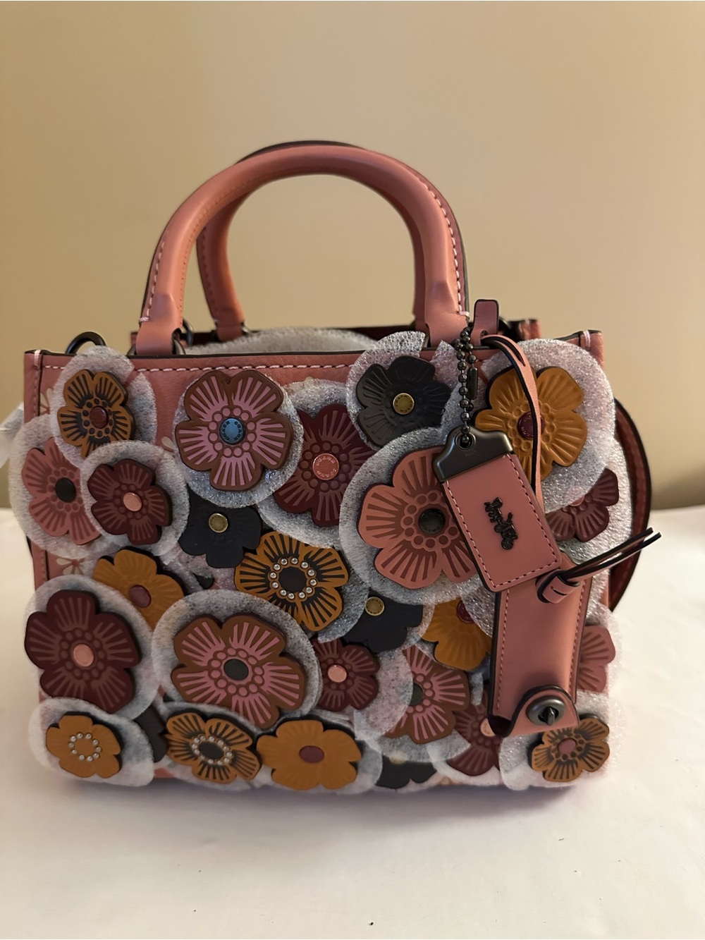 Coach Rogue 1941 with Tea roses Appliqué Leather Satchel - Peach/Rose/Tan Multi.